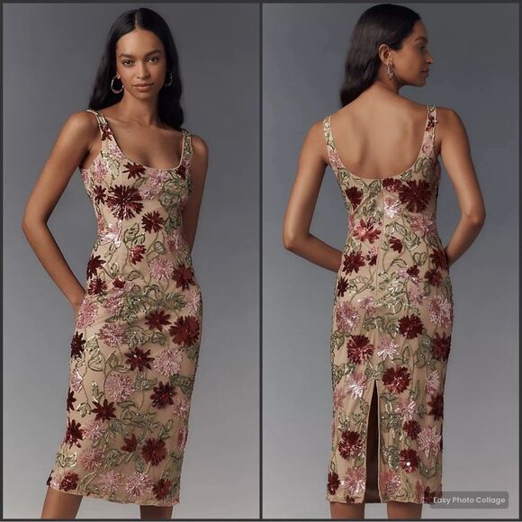 Mac Duggal 6124 Scoop Neck Floral Beaded Mesh Midi Dress - Picture 1 of 16